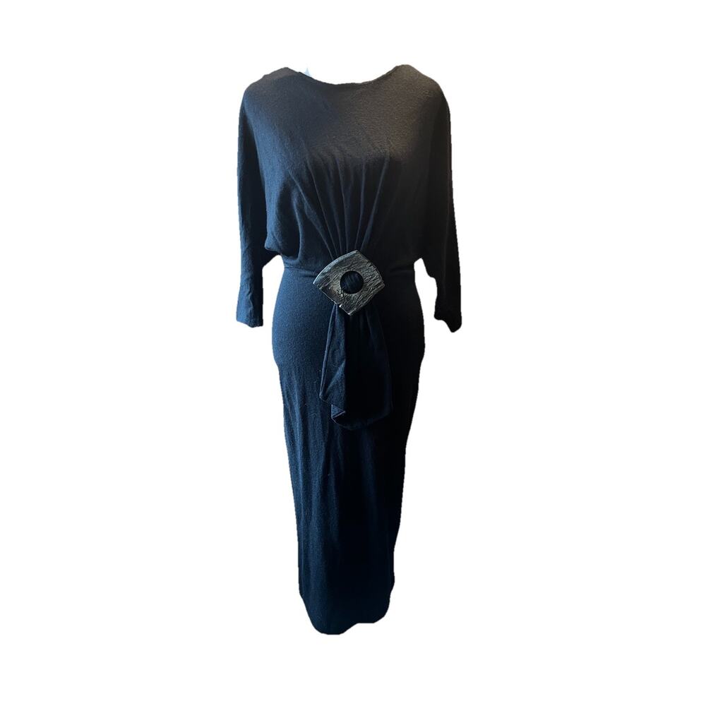 Don Kline Vintage 80s Black Wool Midi Dress With Horn Buckle